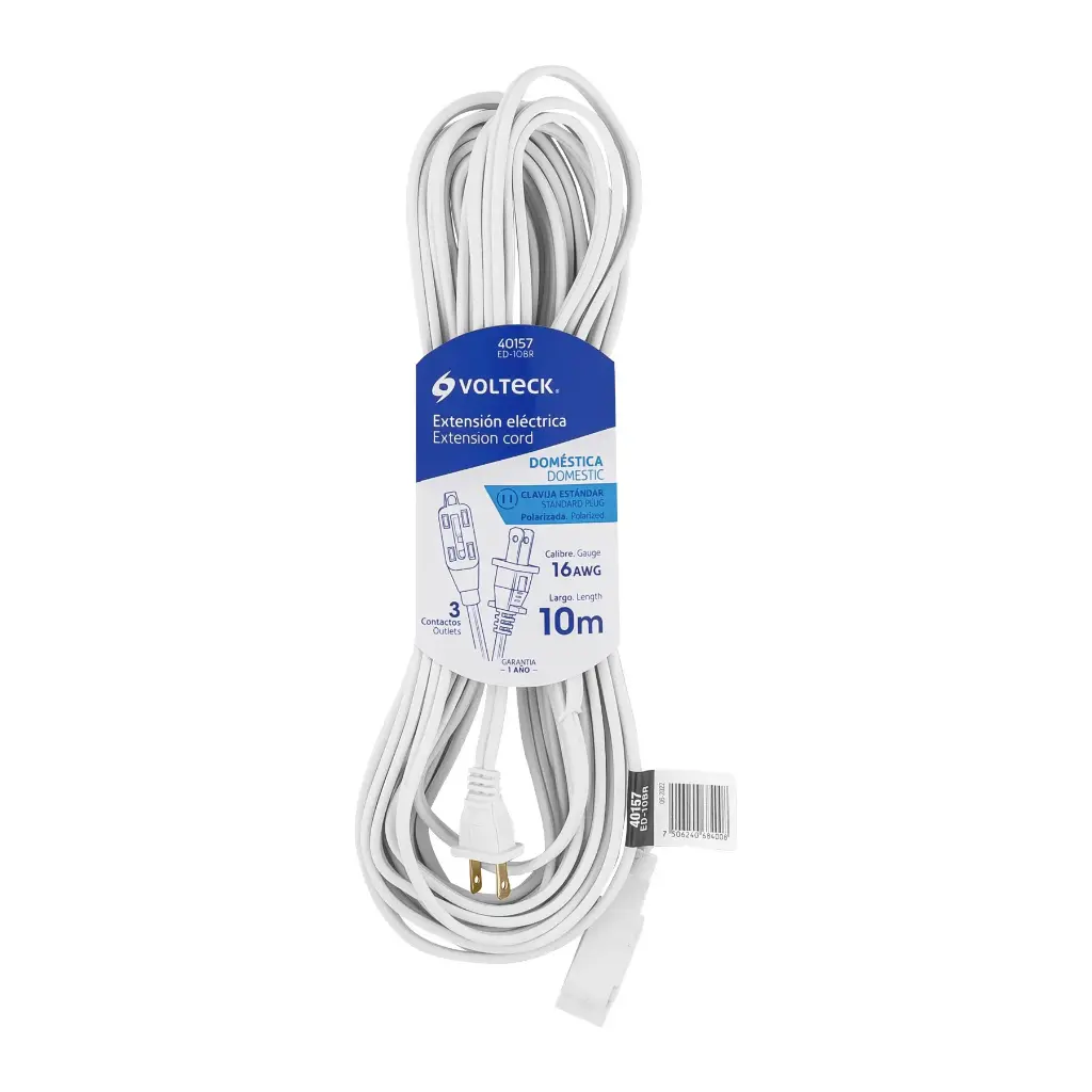 EXTENSIÓN ELÉCTRICA DOMÉSTICA 10 M CLAVIJA RECTA, BLANCA, VOLTECK, CÓDIGO 40157, CLAVE ED-10BR