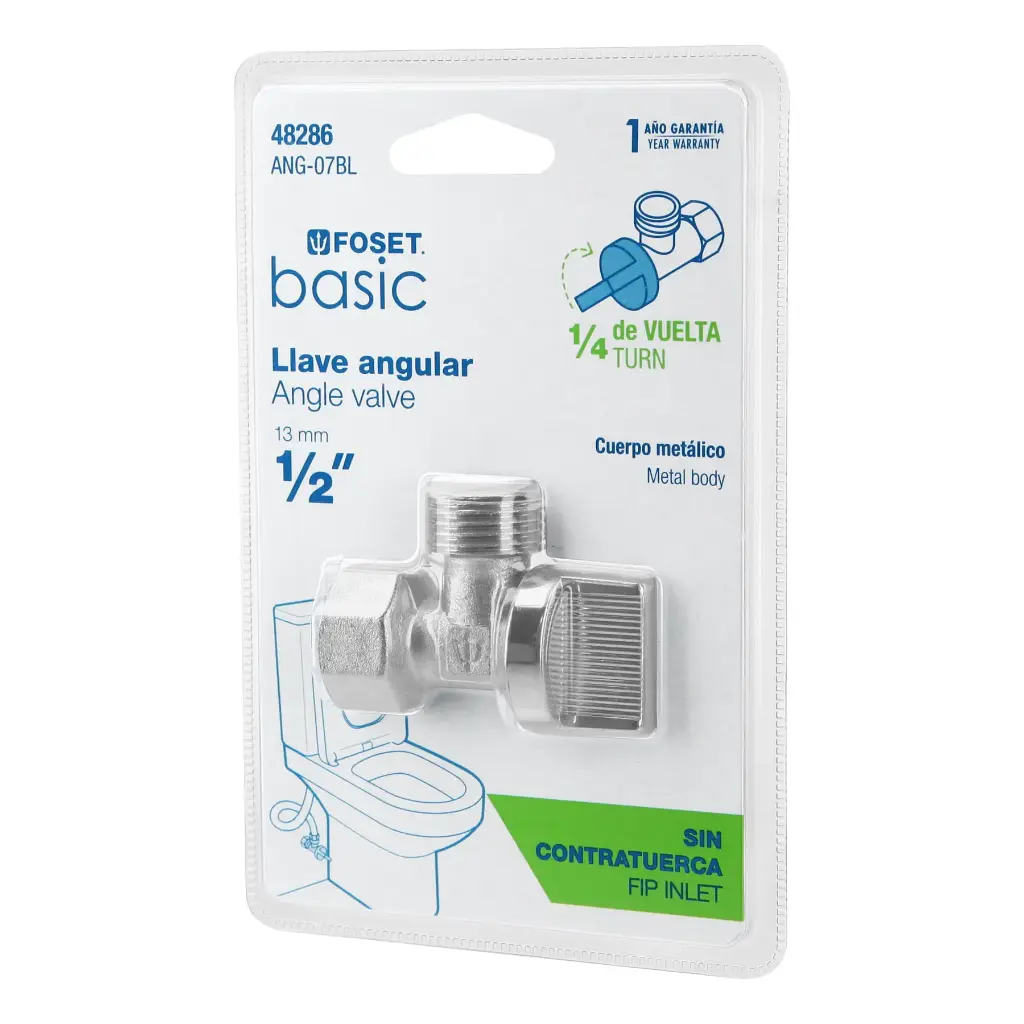 LLAVE ANGULAR 1/2" X 1/2", 1/4 DE VUELTA, BLÍSTER, FOSET, CÓDIGO 48286, CLAVE ANG-07BL