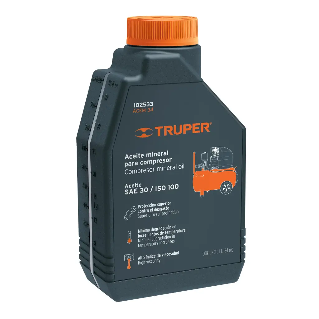 ACEITE MINERAL PARA COMPRESOR 1 LITRO, TRUPER, CÓDIGO 102533, CLAVE ACEM-34