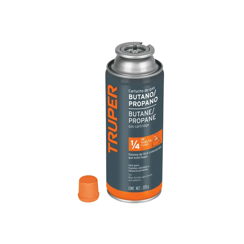 LATA DE GAS DE 220GR CON VALVULA 1/4" DE VUELTA, TRUPER, CÓDIGO 11920, CLAVE GAS-220X