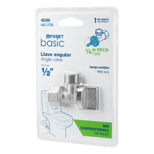 LLAVE ANGULAR 1/2" X 1/2", 1/4 DE VUELTA, BLÍSTER, FOSET, CÓDIGO 48286, CLAVE ANG-07BL