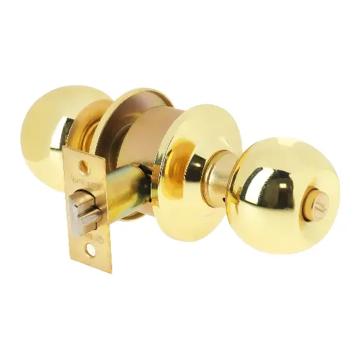 CERRADURA DE POMO TIPO ESFERA LATON BRILLANTE, MECANISMO CILINDRICO, PARA RECAMARA, HERMEX BASIC, CÓDIGO 23563, CLAVE BAL-LB-RP